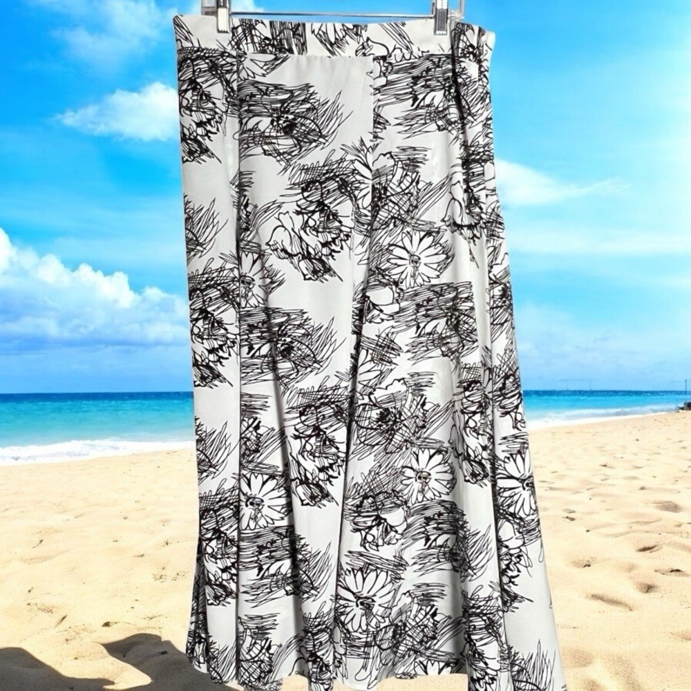 Vtg‎ Berek Travel Smith A Line Maxi Skirt XL White Black Abstract Floral Cruise